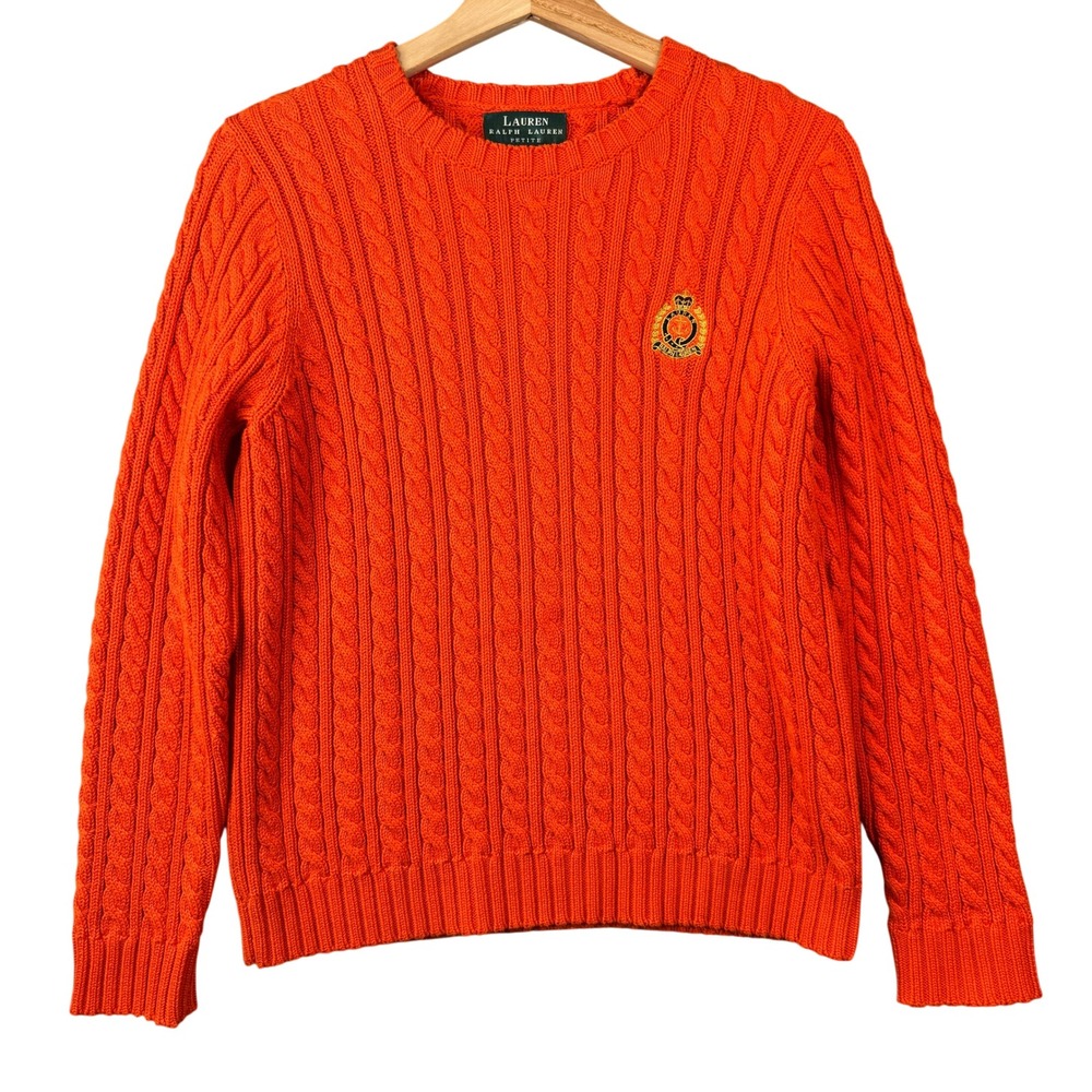 Lauren Ralph Lauren Orange Cable Knit‎ Crest Logo Sweater Petite P/P 100% Cotton